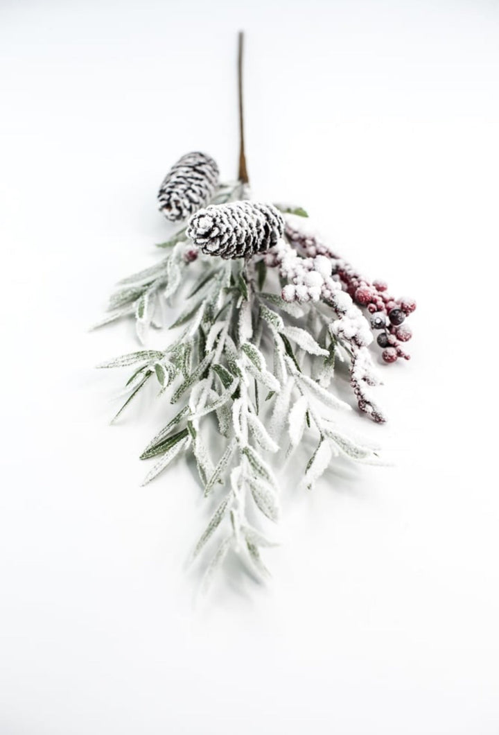 Flocked greenery and red berries spray - Greenery Market84544