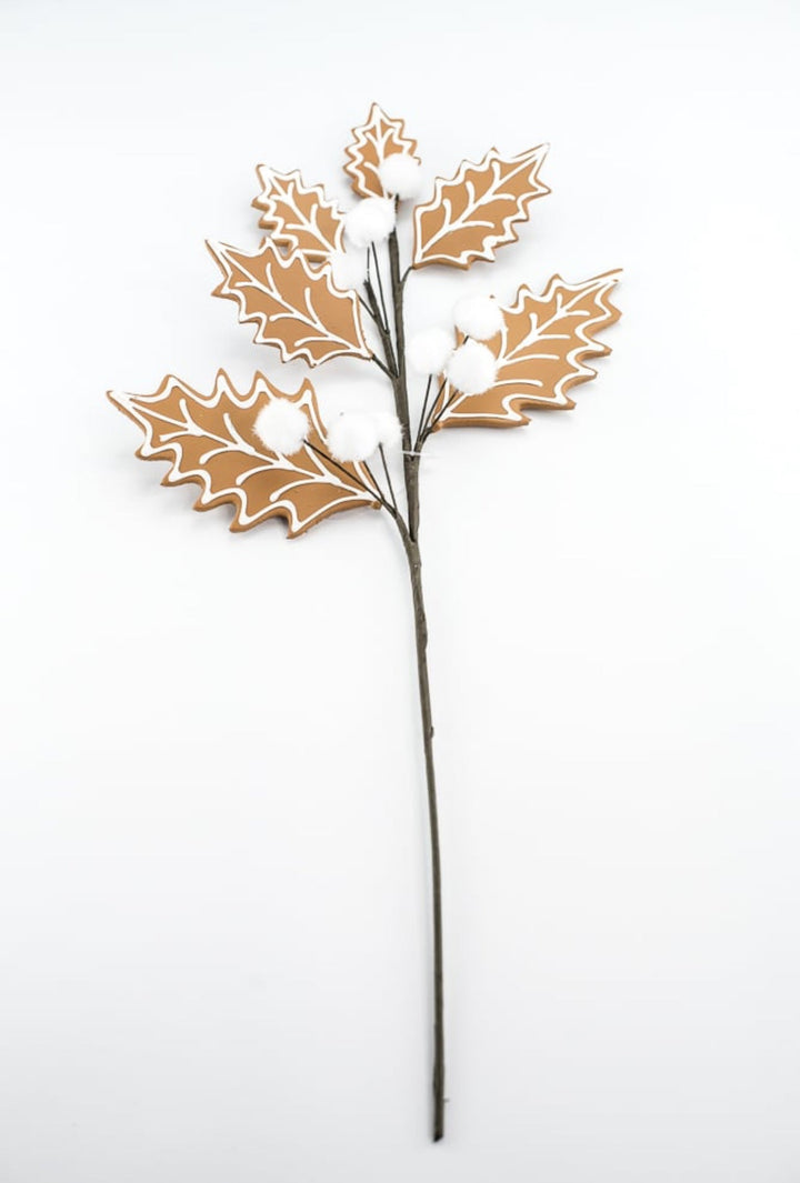 Gingerbread holly spray with white berries - Greenery MarketXS0932