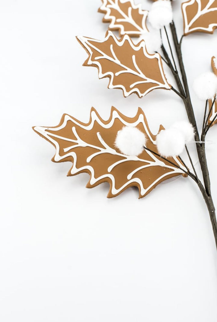 Gingerbread holly spray with white berries - Greenery MarketXS0932