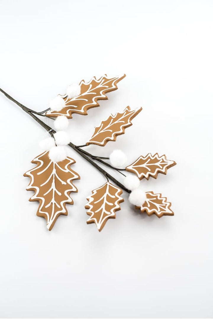 Gingerbread holly spray with white berries - Greenery MarketXS0932