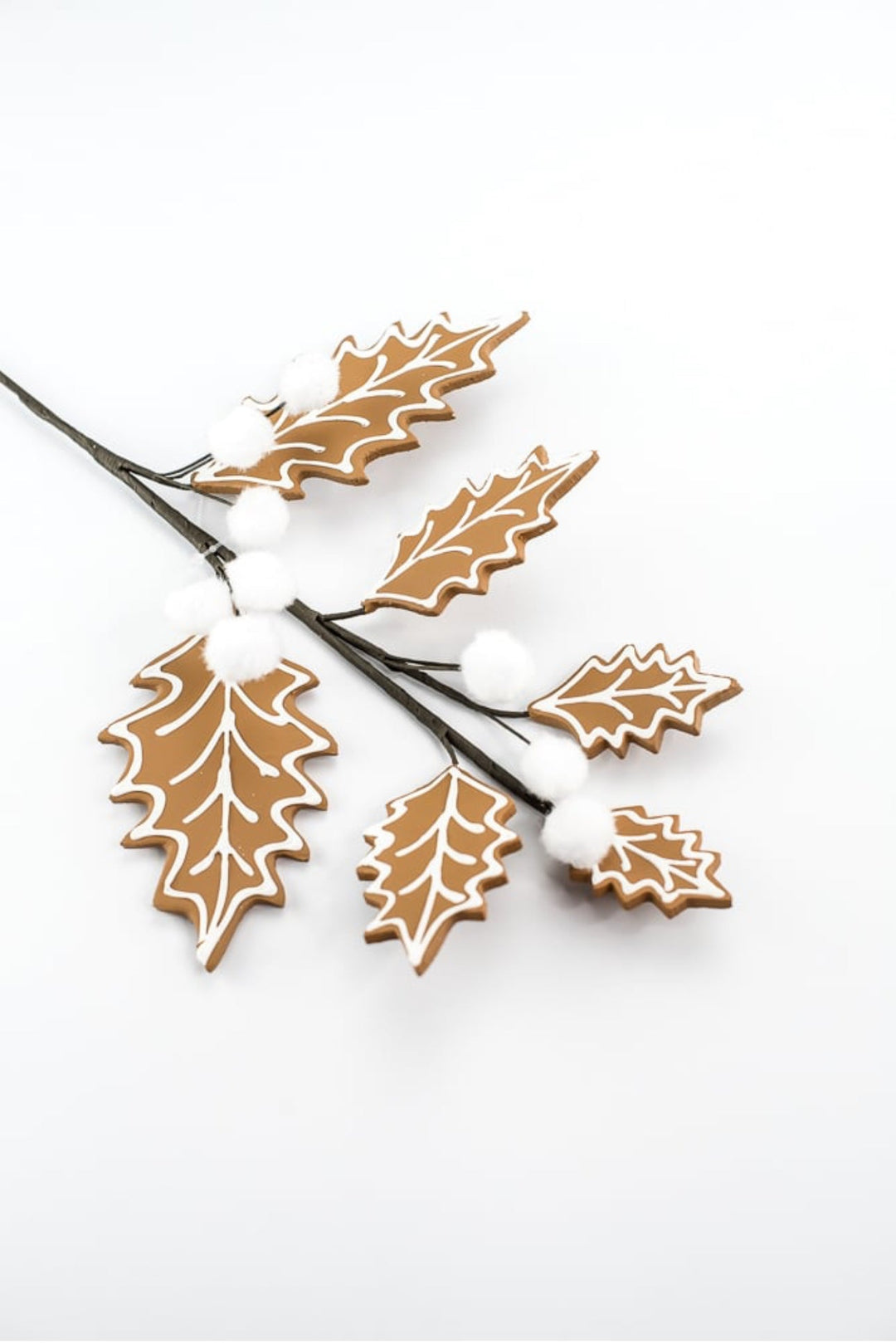 Gingerbread holly spray with white berries - Greenery MarketXS0932