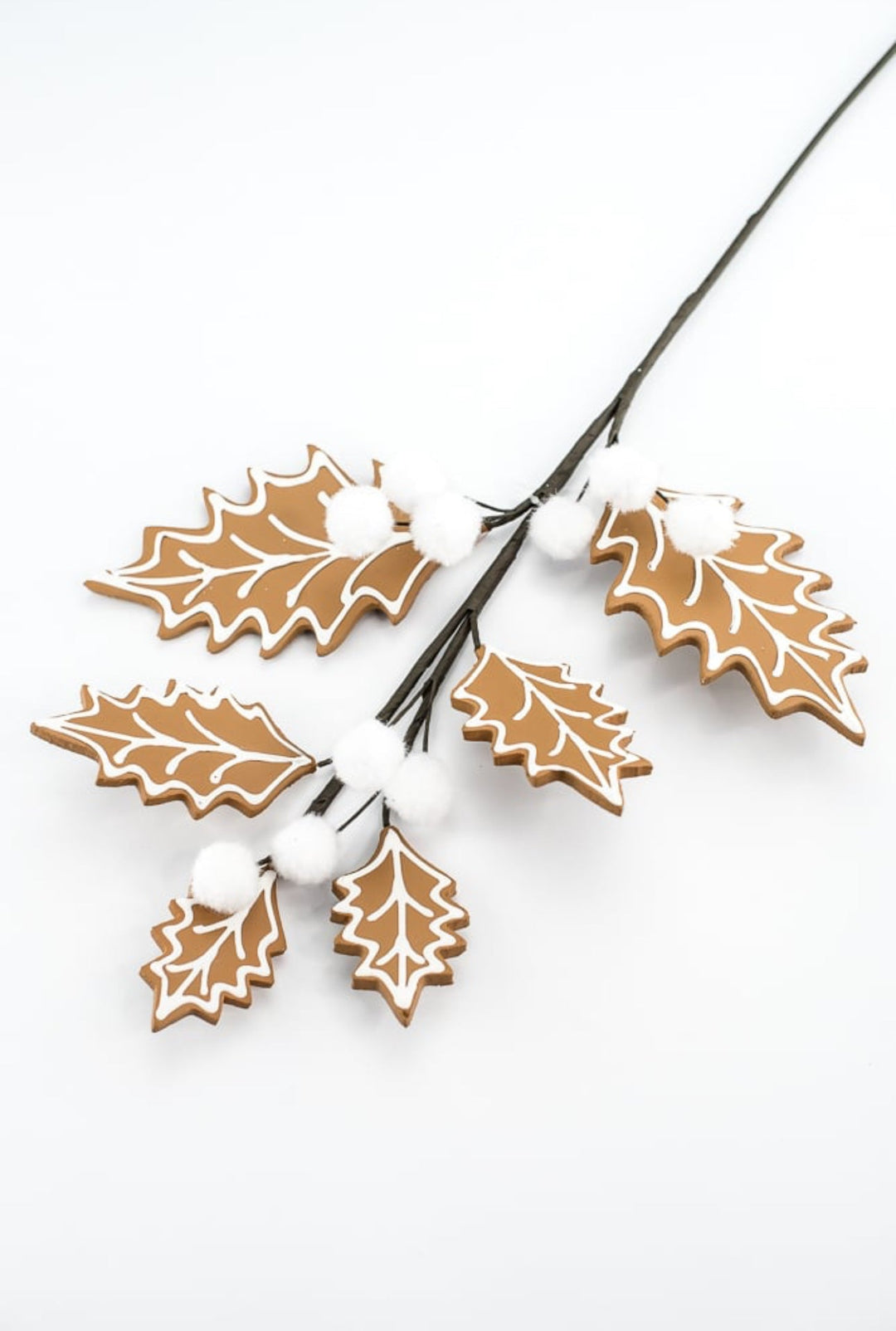 Gingerbread holly spray with white berries - Greenery MarketXS0932