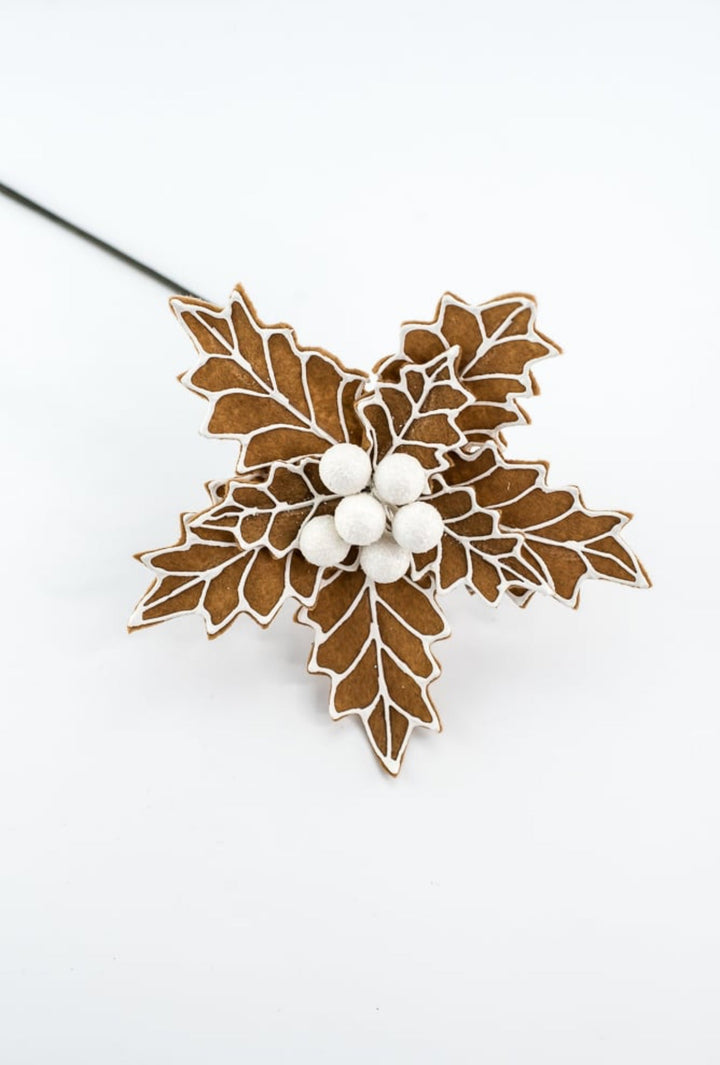 Gingerbread poinsettia stem with white berries - Greenery MarketXS3954