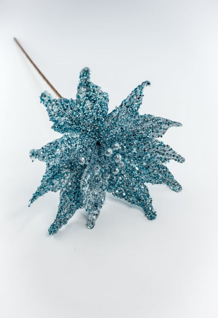 Glittered Poinsettia stem - ice blue - Greenery MarketXS401748