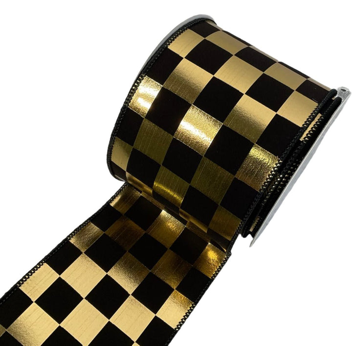 Gold and black check wired ribbon 4” - Greenery MarketXR504/4