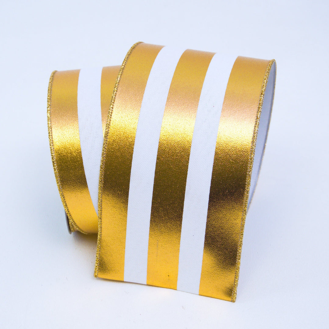 Gold Foil Vertical Stripes Farrisilk Wired Ribbon - 4" - Greenery MarketRibbons & TrimRA751 - 50