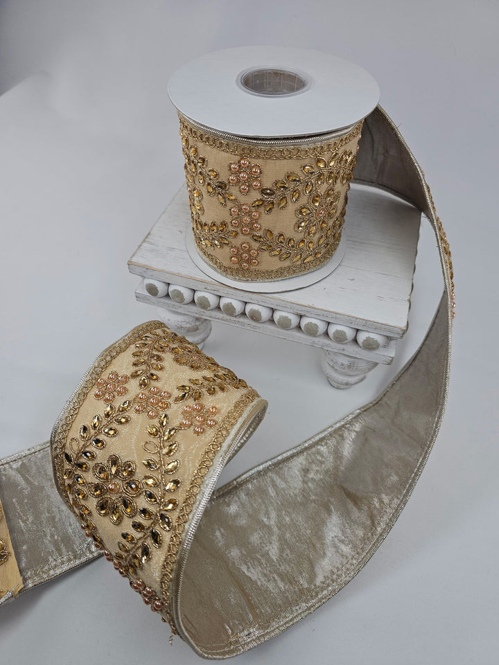 Gold Trim On Dupioni Metallic Ribbon - 4" - Greenery MarketXR595/4GO