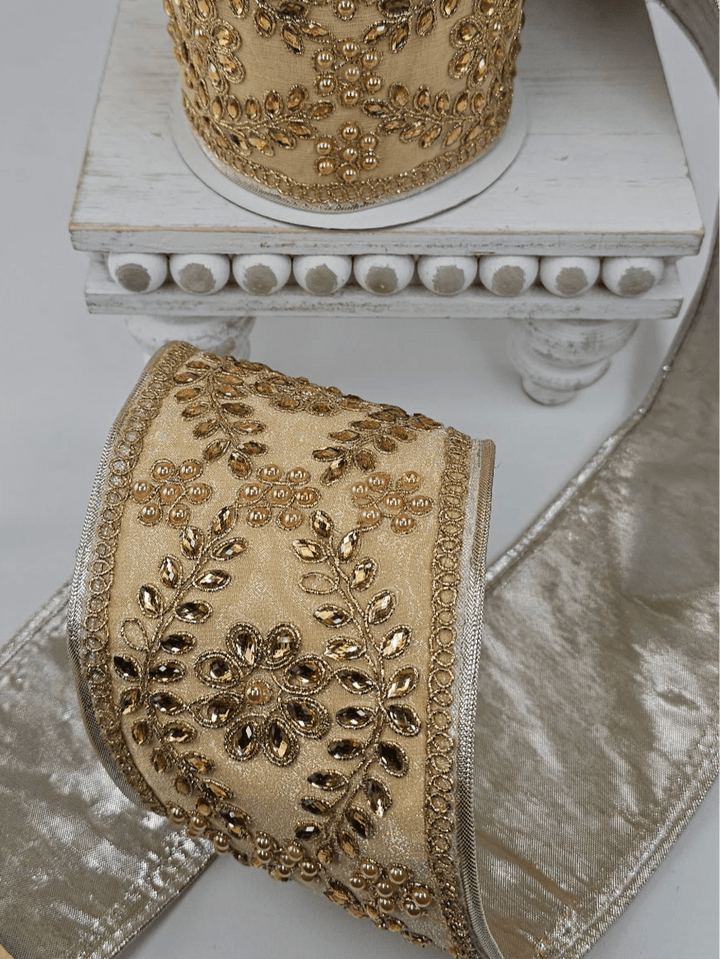 Gold Trim On Dupioni Metallic Ribbon - 4" - Greenery MarketXR595/4GO