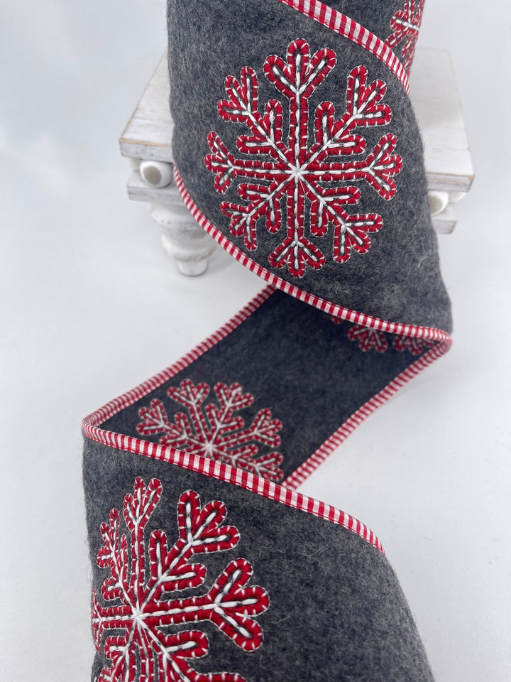 Gray and Red snowflake wired ribbon - 4” - Greenery MarketWired ribbon179841