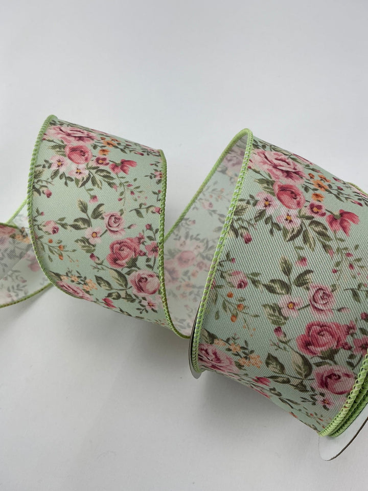 Green Background Trim Floral Ribbon - Greenery Market223241 GREEN