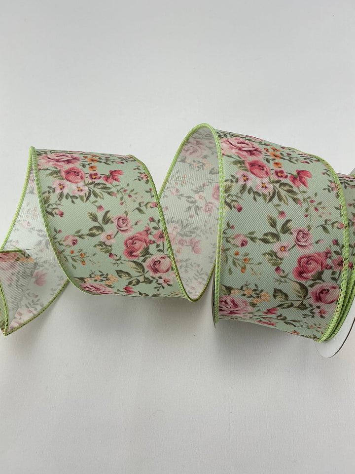 Green Background Trim Floral Ribbon - Greenery Market223241 GREEN