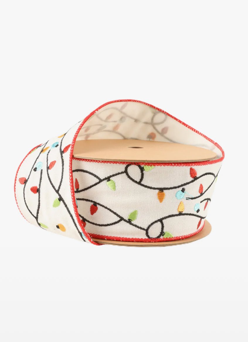 Green, Blue, & Red Embroidered Lights Wired Ribbon - 2.5" - Greenery Market6901W - 029 - 63C