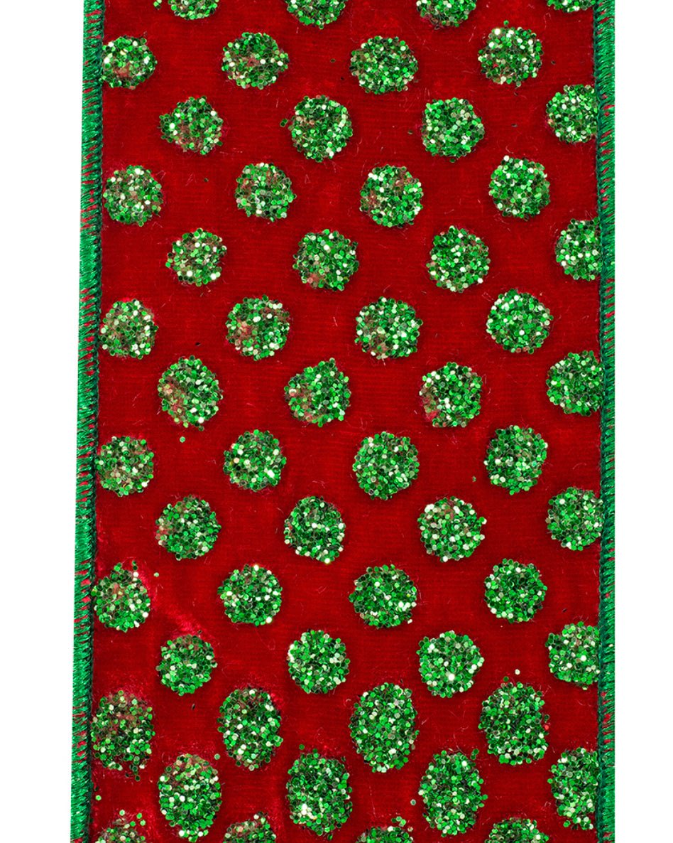 Green Dots On Red Velvet 4” wired ribbon - Greenery Marketwired ribbon94274W - 985 - 10D