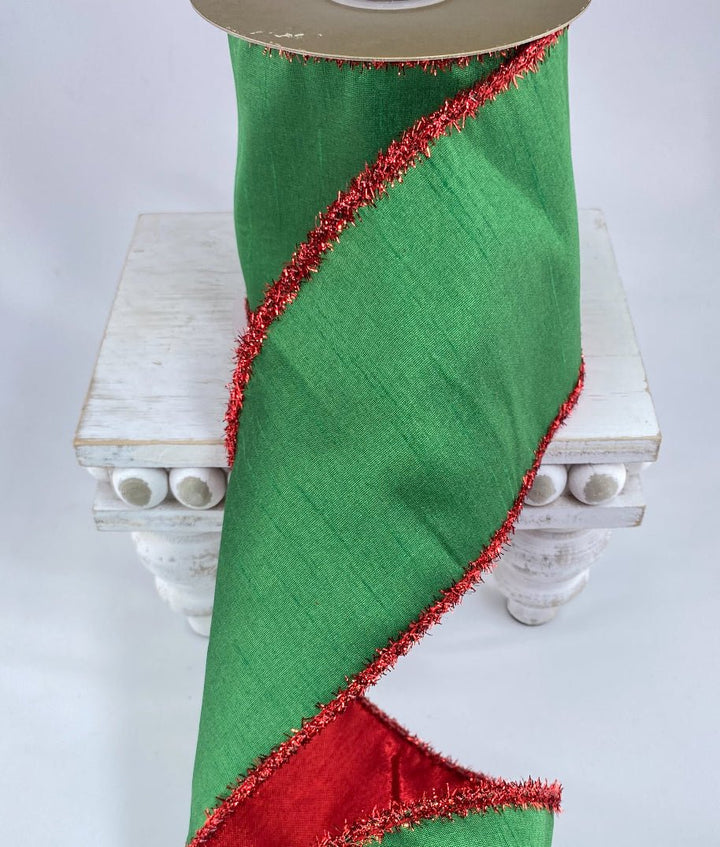 Green double sided with Red tinsel edge wired ribbon - 4” - Greenery MarketWired ribbon179736