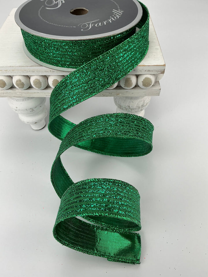 Green glitter stripe 1” farrisilk wired ribbon - Greenery MarketRibbons & TrimRS161 - 55