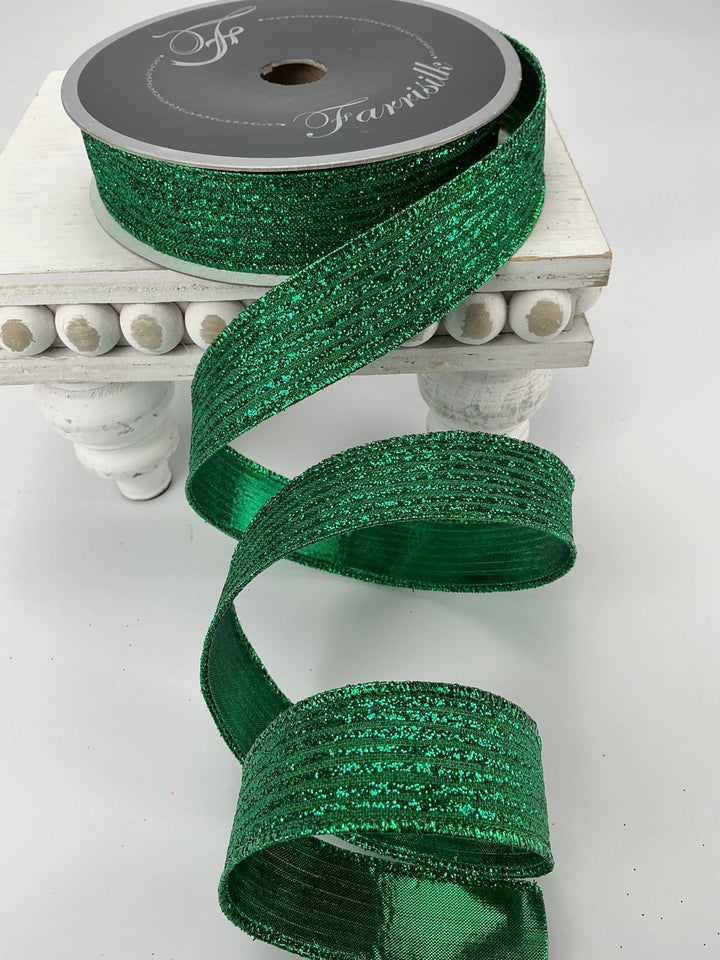 Green glitter stripe 1” farrisilk wired ribbon - Greenery MarketRibbons & TrimRS161 - 55