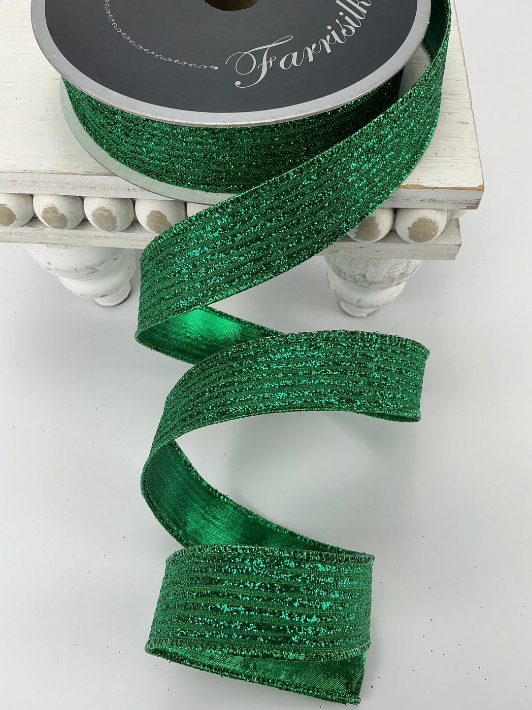Green glitter stripe 1” farrisilk wired ribbon - Greenery MarketRibbons & TrimRS161 - 55