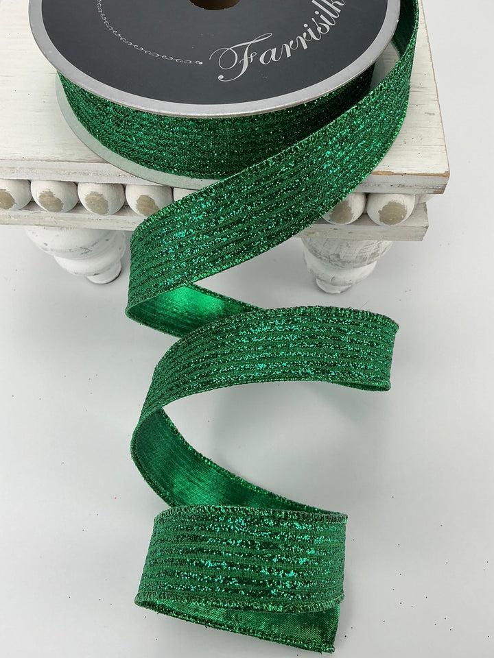 Green glitter stripe 1” farrisilk wired ribbon - Greenery MarketRibbons & TrimRS161 - 55
