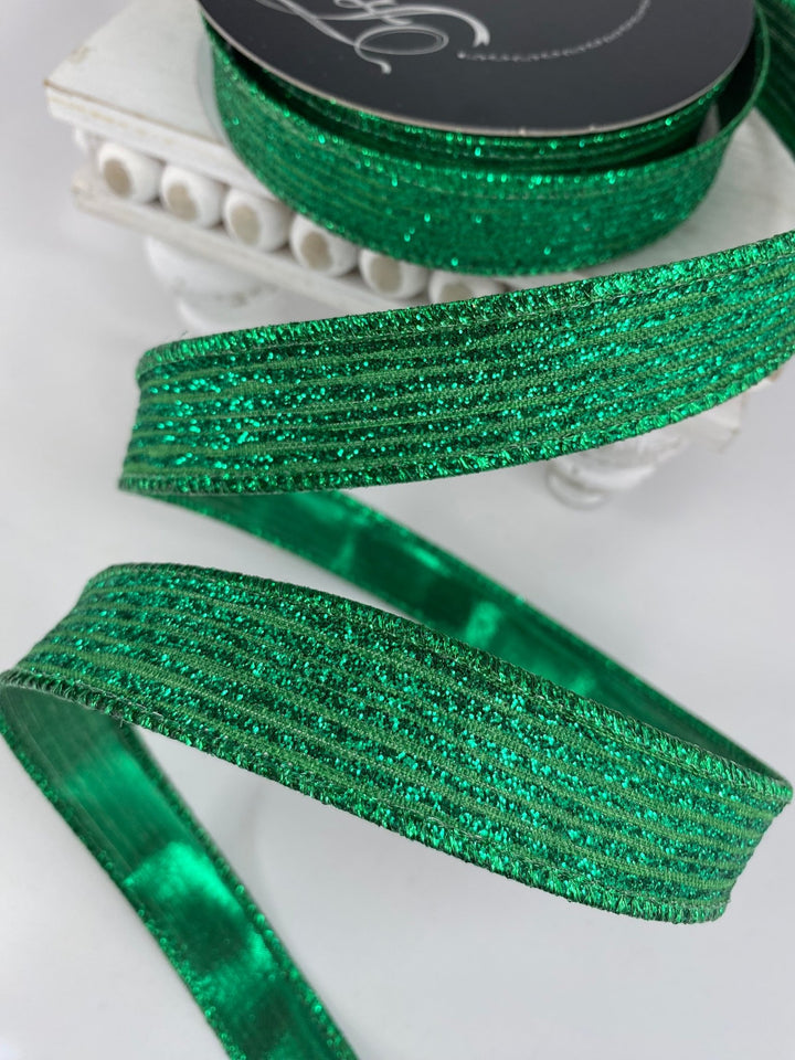 Green glitter stripe 1” farrisilk wired ribbon - Greenery MarketRibbons & TrimRS161 - 55