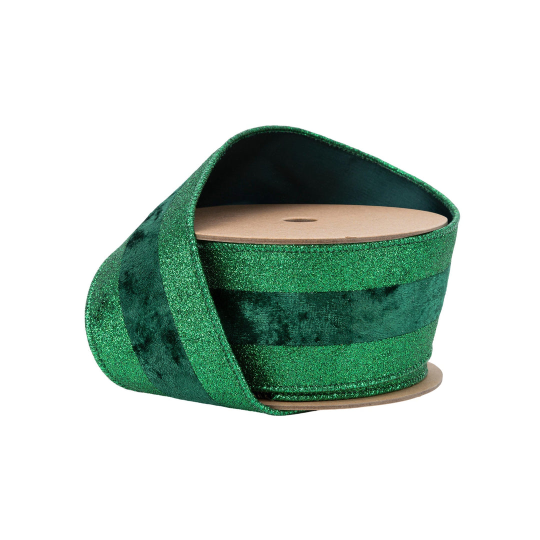 Green Green Glitter with Green Velvet Stripe Wired Ribbon - 2.5" - Greenery Market7116W - 587 - 63E