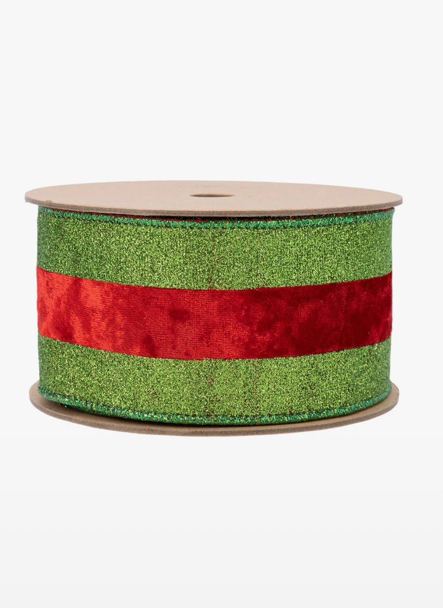 Green Green Glitter with Red Velvet Stripe Wired Ribbon - 2.5" - Greenery Market