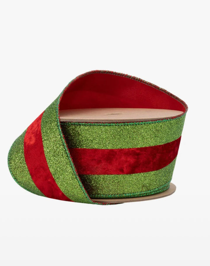 Green Green Glitter with Red Velvet Stripe Wired Ribbon - 2.5" - Greenery Market