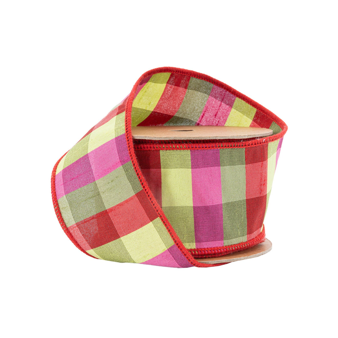 Green, Pink, & Red Check Wired Ribbon - 4" - Greenery Market9120W - 175 - 100E