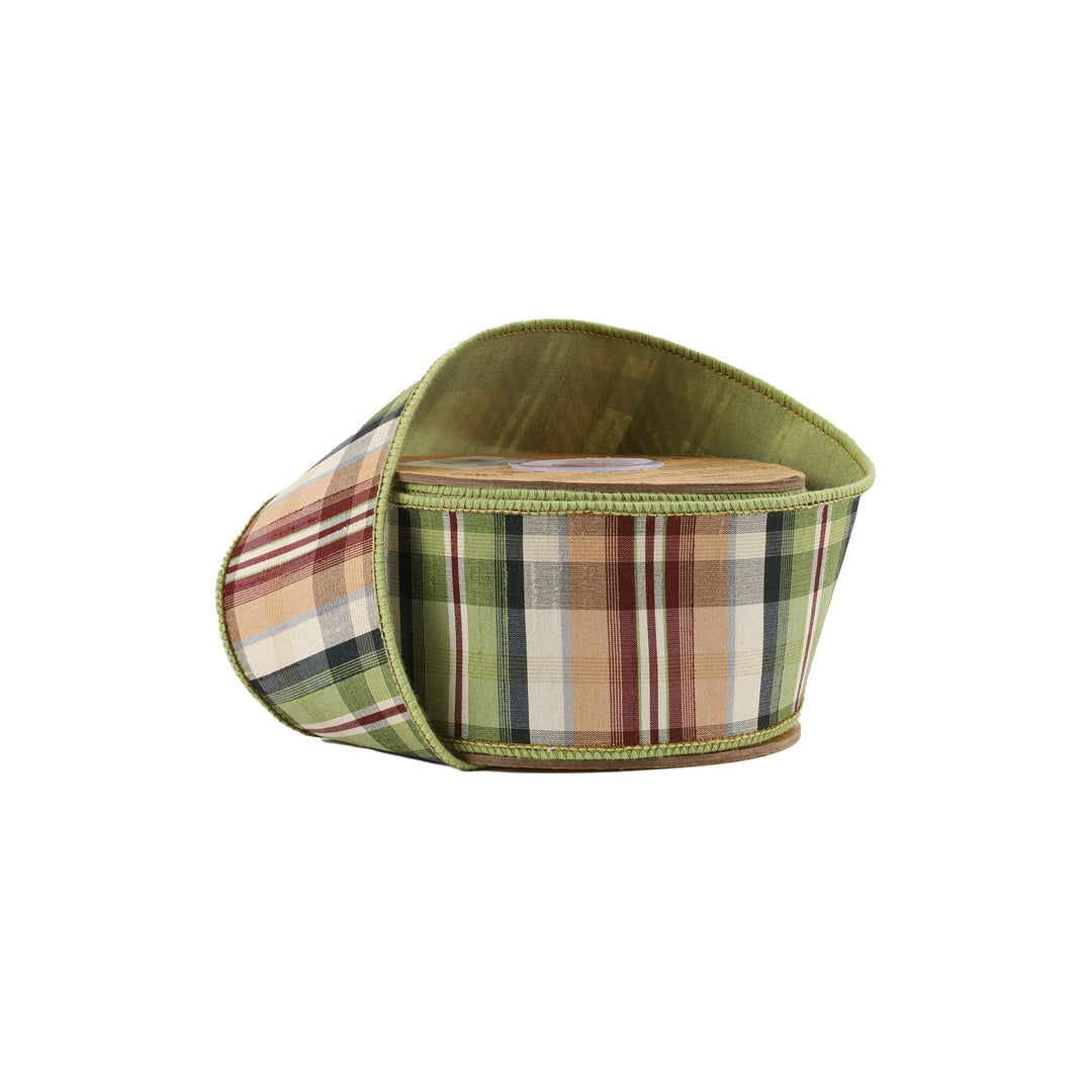 Green & Tan Plaid Wired Ribbon - 2.5" - Greenery Market5600W - 570 - 63E