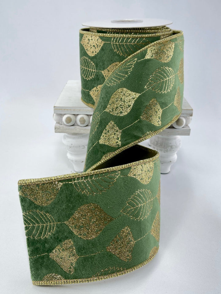 Green velvet birch leaves wired ribbon 4” - Greenery MarketWired ribbonMTX72724 GRGD
