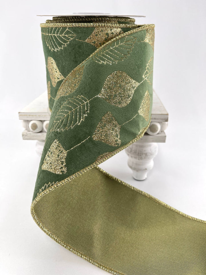 Green velvet birch leaves wired ribbon 4” - Greenery MarketWired ribbonMTX72724 GRGD