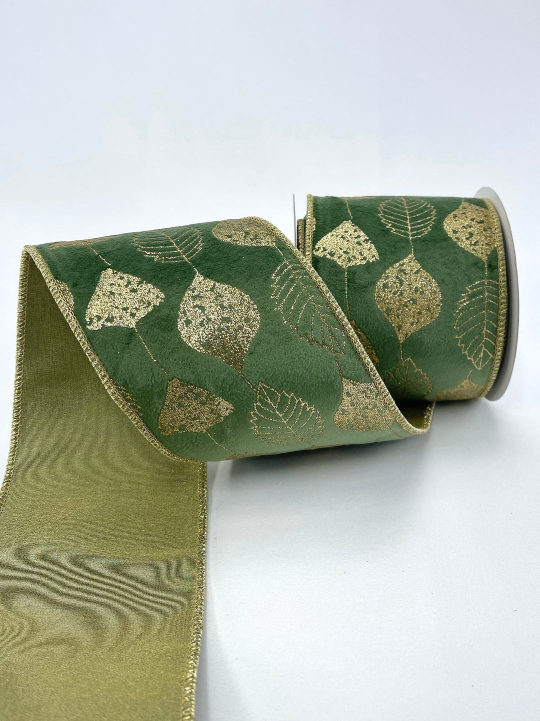Green velvet birch leaves wired ribbon 4” - Greenery MarketWired ribbonMTX72724 GRGD
