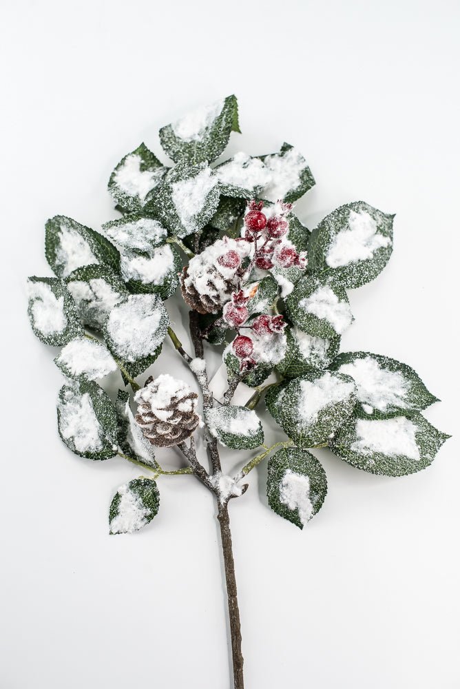 Green & White Snow Leaf Berry Spray With Cone - Greenery MarketXP2688GW