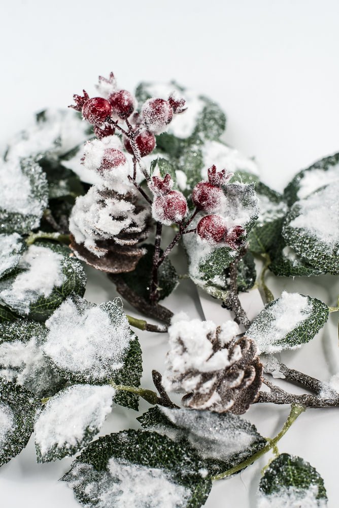 Green & White Snow Leaf Berry Spray With Cone - Greenery MarketXP2688GW