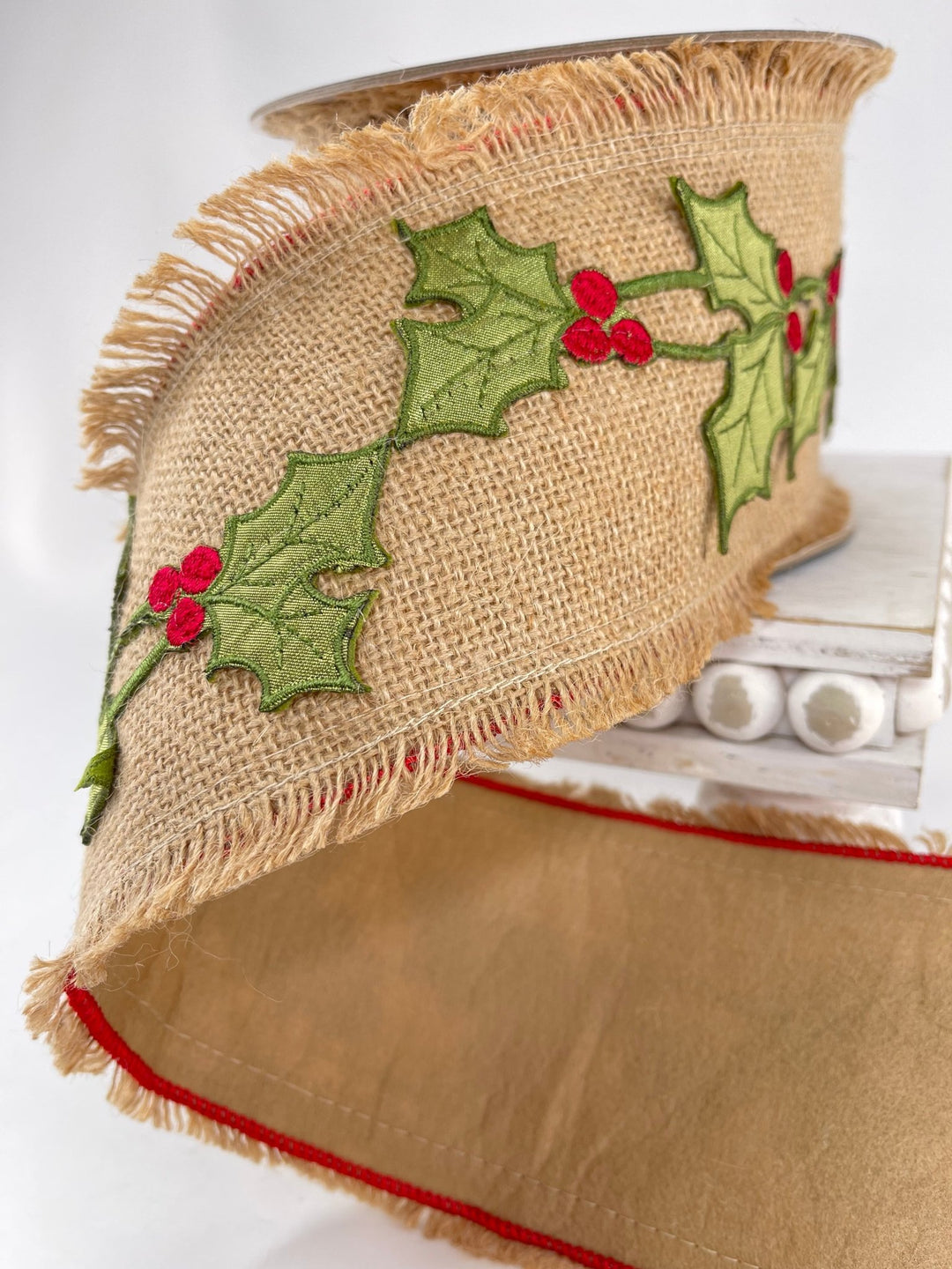 Holly and burlap wired ribbon 4” - Greenery MarketRibbons & Trim138134