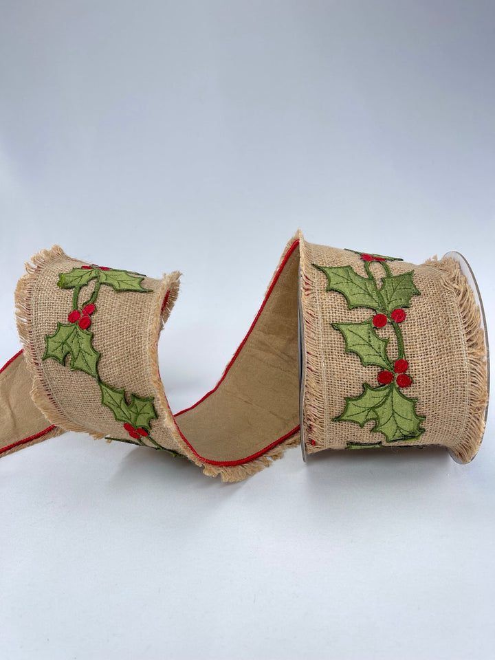 Holly and burlap wired ribbon 4” - Greenery MarketRibbons & Trim138134
