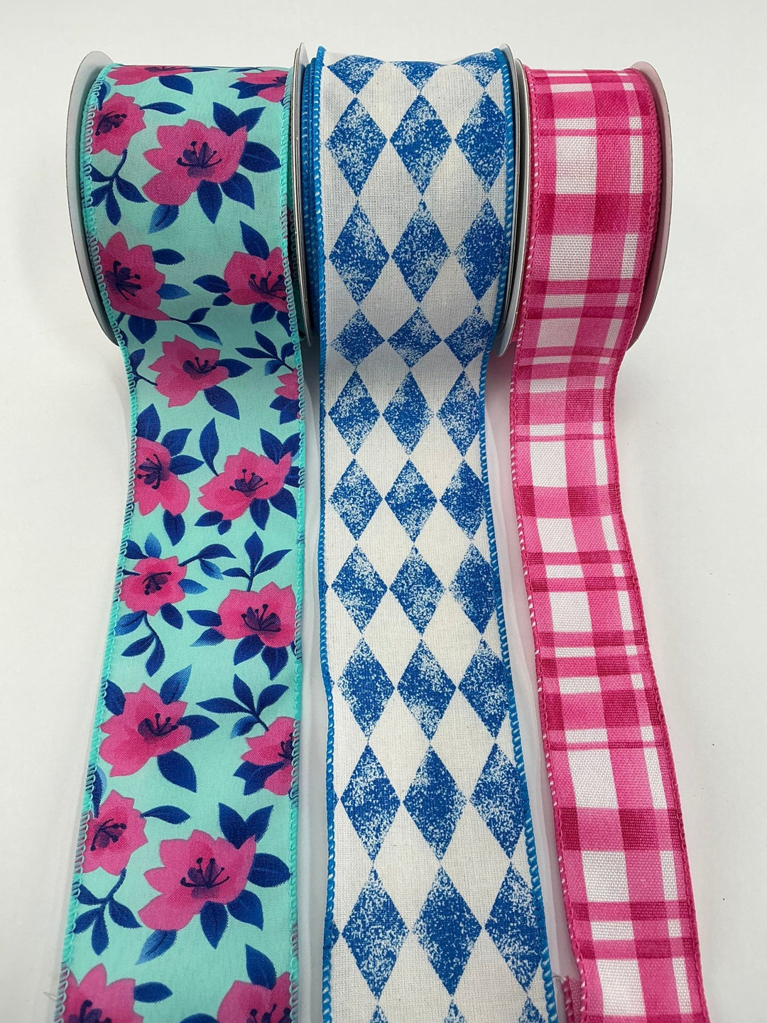 Hot Pink and Blue Floral bow bundle x 3 wired ribbons - Greenery MarketWired ribbonBluePInkFloral