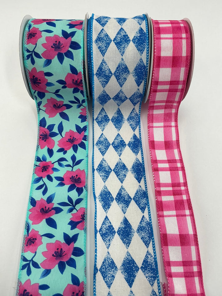 Hot Pink and Blue Floral bow bundle x 3 wired ribbons - Greenery MarketWired ribbonBluePInkFloral