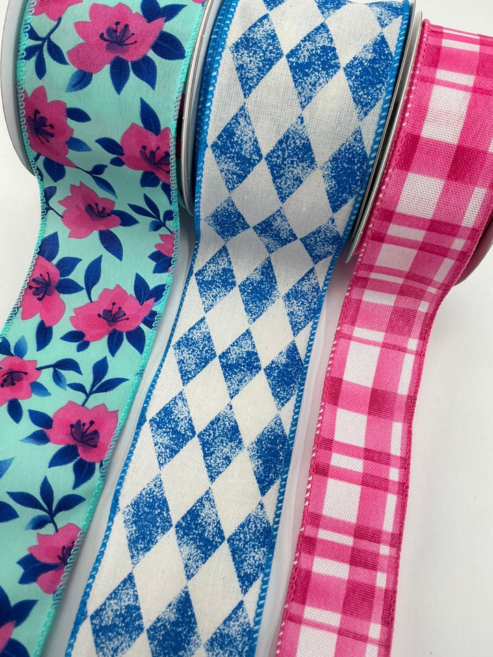 Hot Pink and Blue Floral bow bundle x 3 wired ribbons - Greenery MarketWired ribbonBluePInkFloral