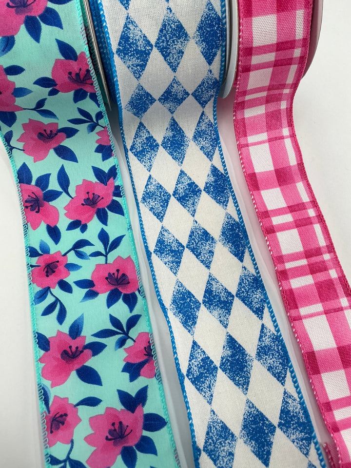 Hot Pink and Blue Floral bow bundle x 3 wired ribbons - Greenery MarketWired ribbonBluePInkFloral
