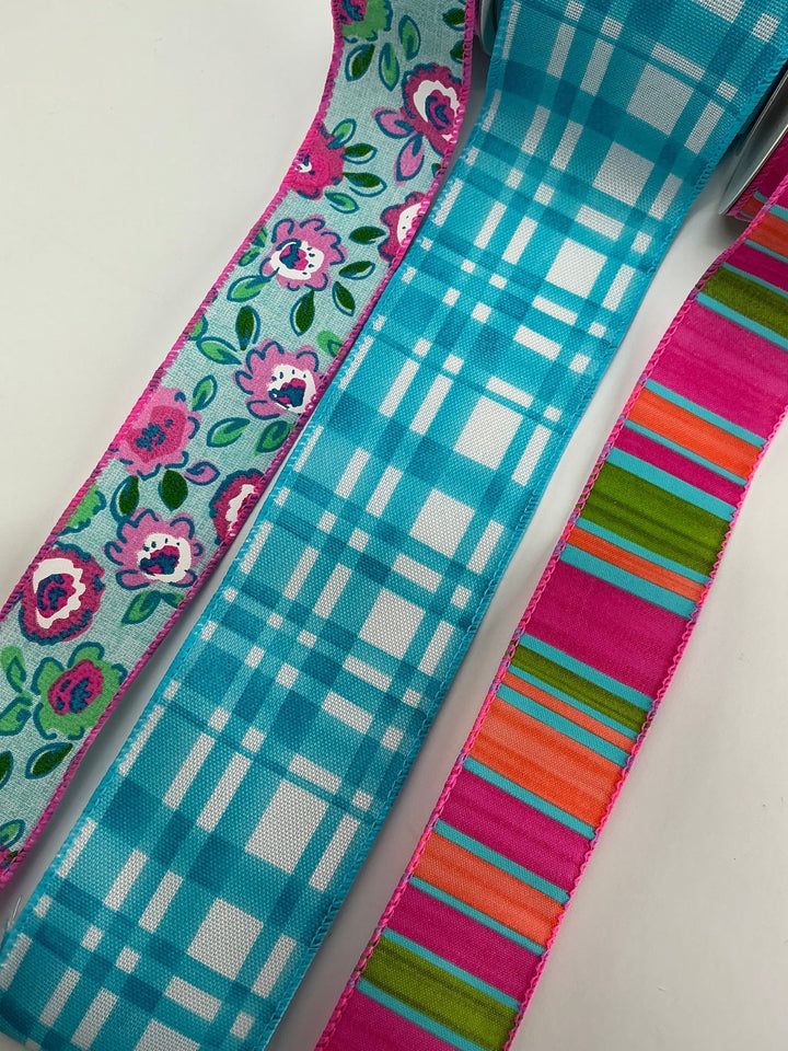 Hot Pink And Turquoise Bow Bundle x 3 wired ribbons - Greenery MarketWired ribbonTurqplaidX3