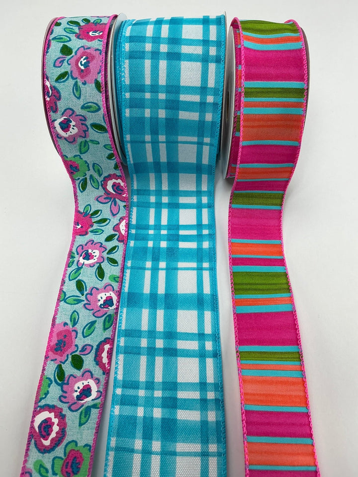 Hot Pink And Turquoise Bow Bundle x 3 wired ribbons - Greenery MarketWired ribbonTurqplaidX3