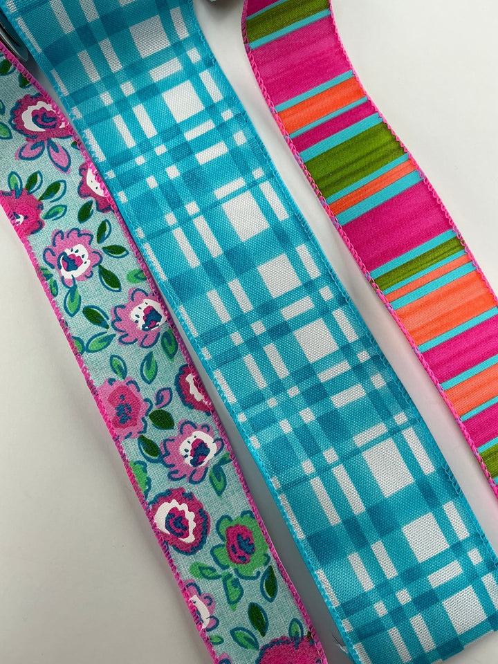 Hot Pink And Turquoise Bow Bundle x 3 wired ribbons - Greenery MarketWired ribbonTurqplaidX3