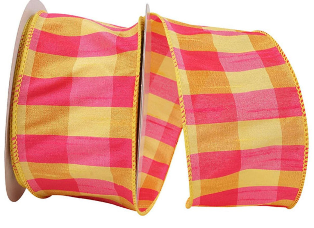 Hot Pink and Yellow Dupioni Check Wired Ribbon 2.5” - Greenery Market93126W - 845 - 40F