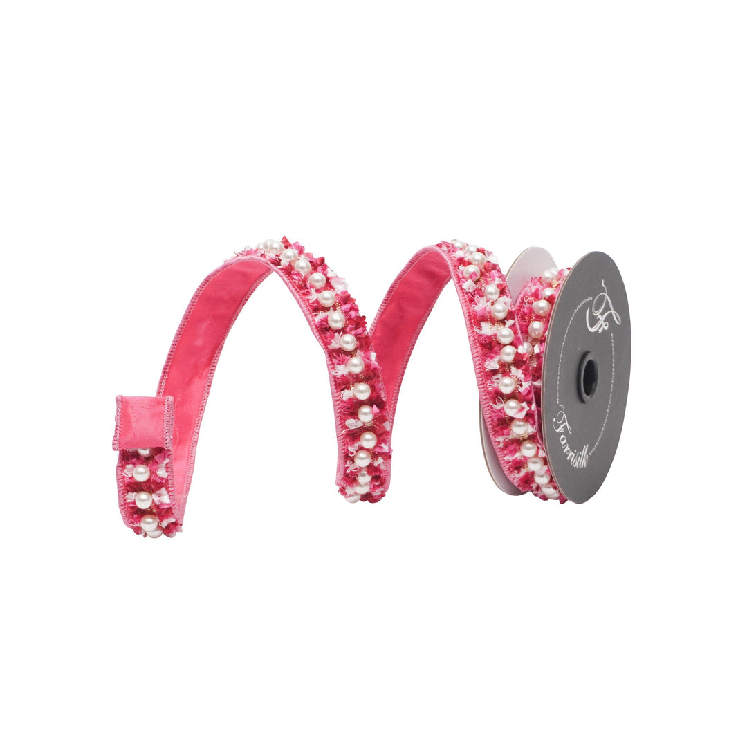 Hot Pink Chenille Pearls Farrisilk Wired Ribbon - 1" - Greenery MarketRC264 - 15