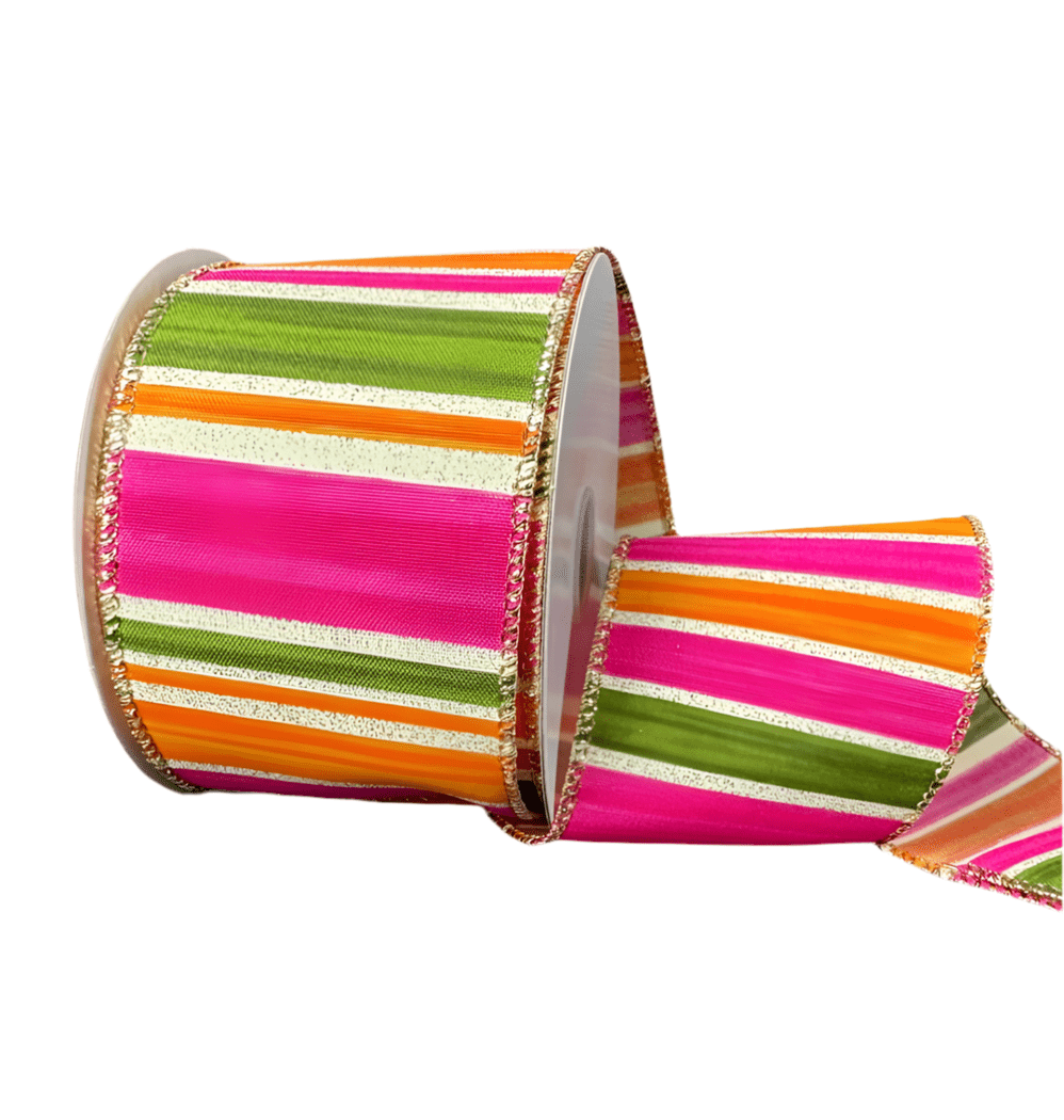 Hot pink, orange, and moss green stripe 2.5” wired ribbon - Greenery Marketwired ribbon41534 - 40 - 15