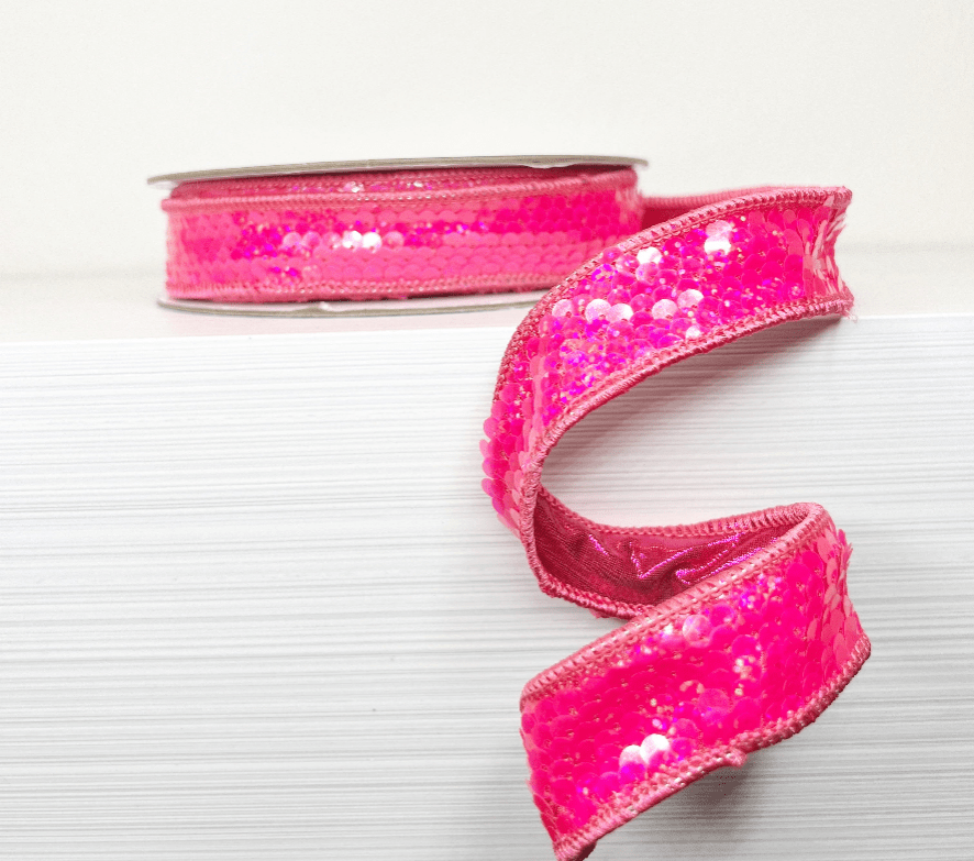 Hot Pink Sequin Double - Sided Wired Ribbon - 1" - Greenery Market25 - P2421 - 1