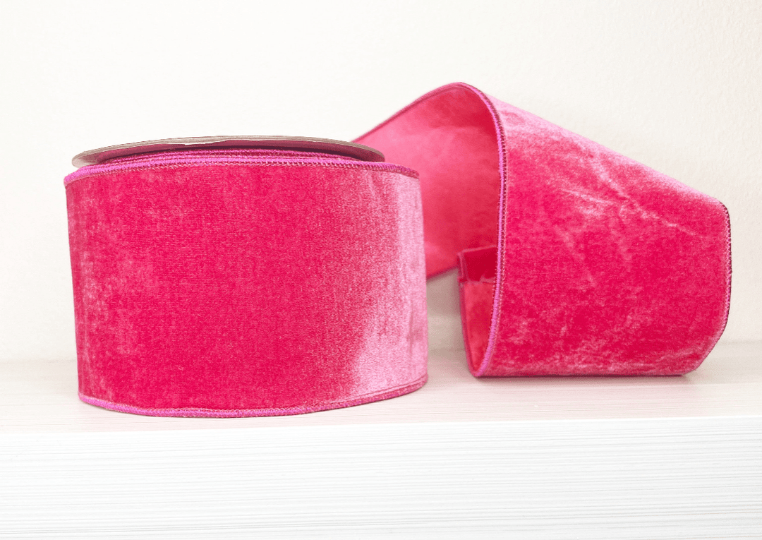 Hot Pink Velvet Double Sided Wired Ribbon - 4" - Greenery Market25 - 600 - 3