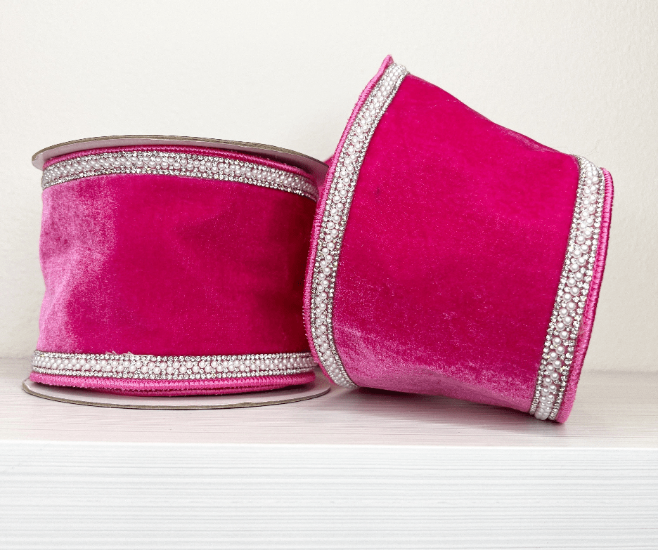 Hot Pink Velvet Wired Ribbon with Pearl and Bling Trim - 4" - Greenery Market25 - B136 - 1