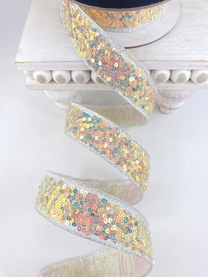 Iridescent Sequins Sparkles Farrisilk Wired Ribbon - 1" - Greenery MarketRK798 - 44