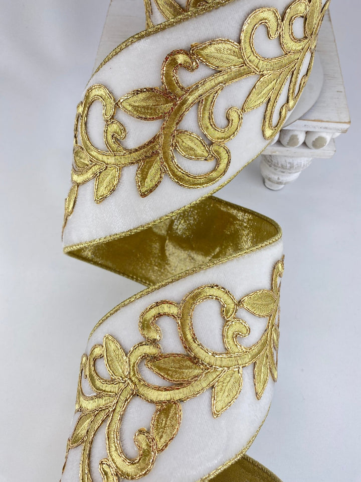 Ivory Royal Embroidery Farrisilk Wired Ribbon - 4" - Greenery MarketRG753 - 62